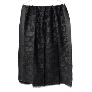 Moschino Wool Metallic‎ Blend Winter Scarf Black Silver All Over Logo Fringe